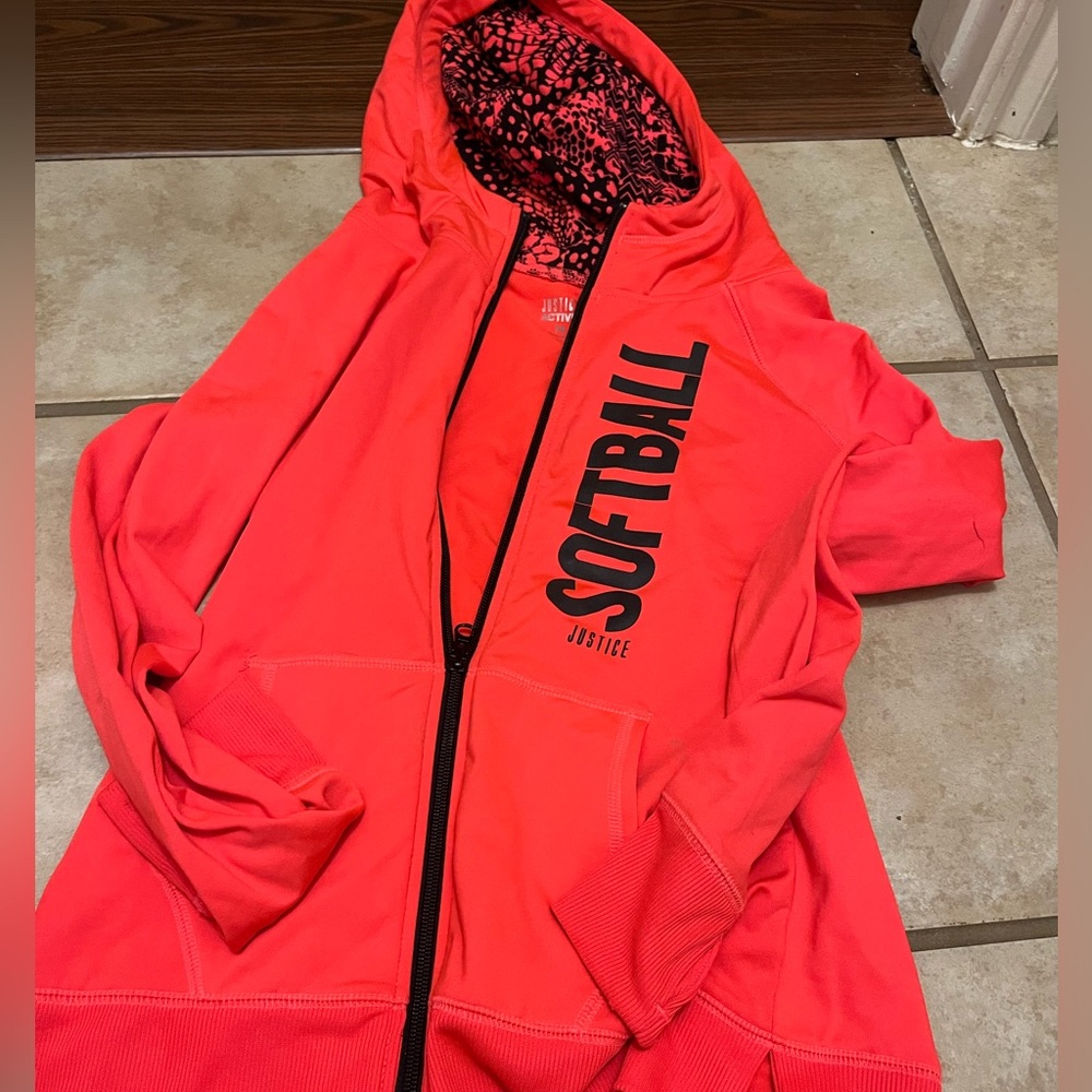Girls justice neon pink black softball hooded jacket